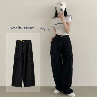 Perfect Coverage for Bold Figure, High-Waisted Back Elastic, Pintuck Cargo Pocket Wide Denim Pants