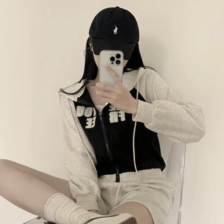 Overload of Cuteness, Raglan Color Block Print Lettering Crop Zip-Up Hoodie