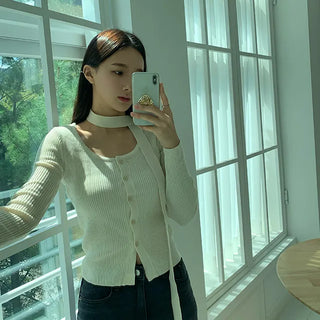 Chemi Ribbed Round Tie U-Neck Wool Cardigan