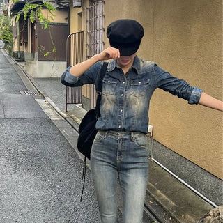 Matching Set Slim Snap Denim Shirt Denim Shirt 2 Colors