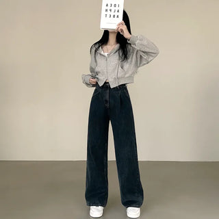 High-waisted, pintuck straight wide denim pants that don't bunch up at the waist