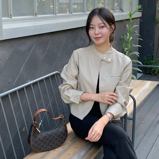 Salip Collarless Leather Short Jacket