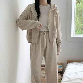 Effortlessly Chic Delicate Fit Training Set: Crop Zip-Up Hoodie + Elastic Wide Pants Set