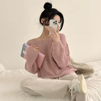Full of delicate charm, Thick Hacci Boat Neck Balloon Loose Long Sleeve Knit