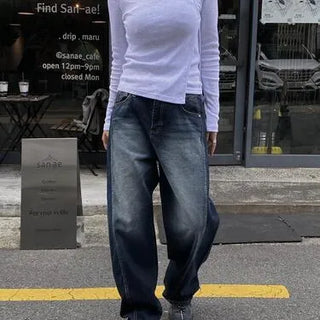 Side Cut Deep Wash Wide Denim Pants / S - L