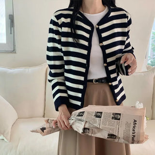 Gold Button Striped Knit Cardigan