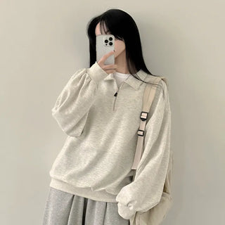 Wide-legged Collared Half-Zip Boxy Plain Sweatshirt