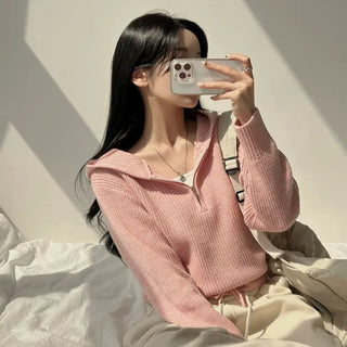 Cute Avant-garde Fit Lambswool Half-Zip Hooded Drawstring Crop Long Sleeve Knit