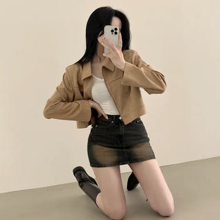 Subtle Colors, Suede Cut-out Collar Crop Jacket