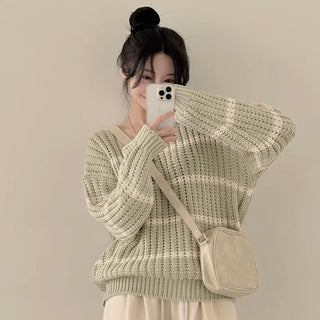 Protective Instinct Avant-garde Fit, Hazzi Striped V-neck Balloon Loose Long Sleeve Knit