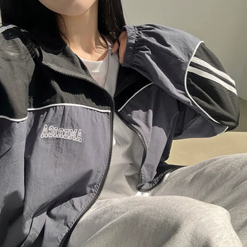 The Oversized Fit I've Been Looking For, Raglan Color Block Logo Drawstring Pocket Zip-Up Windbreaker