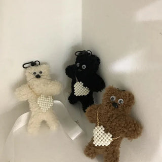 Pearl Bag Cat Keyring Keyholder Black Ivory Brown
