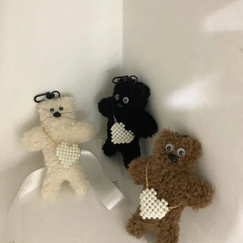 Pearl Bag Cat Keyring Keyholder Black Ivory Brown