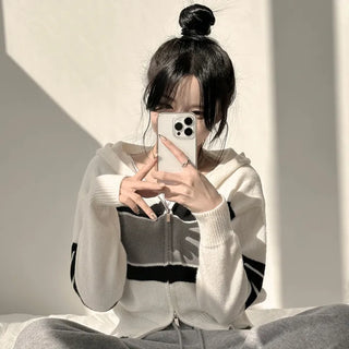 Full of Cuteness, Two-Way Color-Blocked Striped Hooded Zip-Up