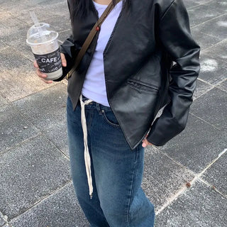 Collarless Leather Jacket