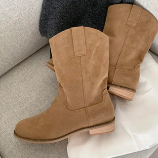 Suede Boots Wide-leg Mid-calf Boots Beige Western Pleated Long Boots Wedding Guest Plus Size Worker Shoes