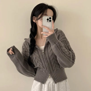 Delicate~ Two-way Cable Knit Collar Crop Zip-up Knit Cardigan