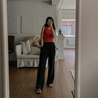 Sheer straight-leg elastic pants