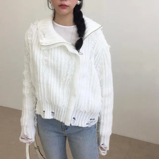 Vintage Diagonal Knit Zip-Up High-Neck Semi-Crop Jumper