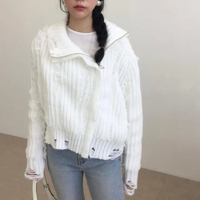 Vintage Diagonal Knit Zip-Up High-Neck Semi-Crop Jumper