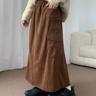 Ah, corduroy cargo elastic long skirt