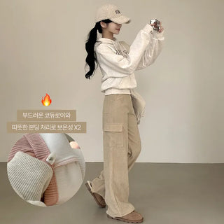Stay warm until winter, Corduroy High-Waisted Cargo Pocket Straight Wide Pants