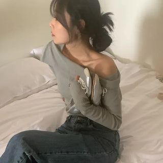Merry You Ribbed Off-Shoulder Knit T-shirt