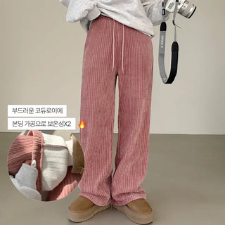 Winter Must-Have, Corduroy Elastic Waist High-Waist Drawstring Jogger Wide Fleece Training Pants