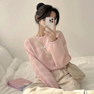 Cute Avant-garde Fit, Bonbon Plain Round Cropped Long Sleeve Knit