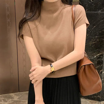 Soft Mock Neck Cap Sleeve Knit  Short Sleeve Knit Mock Turtleneck T-shirt