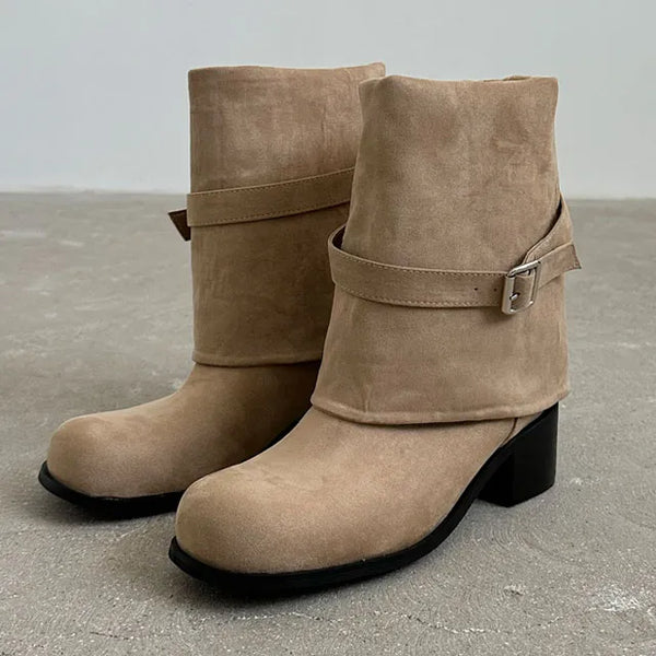 Suede two-way belted long mid-calf boots