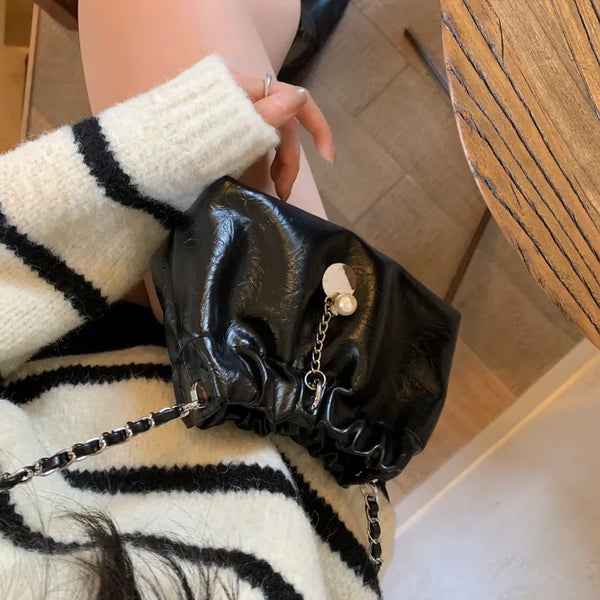 Buring Drawstring Pearl Chain Mini Crossbody Bag