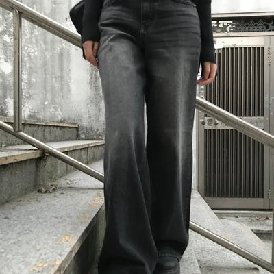 Back slit black wide denim pants