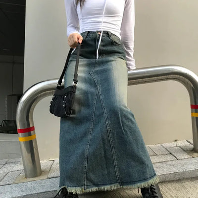 Long skirt with fringed hem and back slit (2 colors)