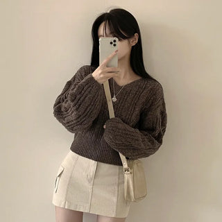 Lovely Mood, Double V-neck Cable Knit Crop Long Sleeve Knit