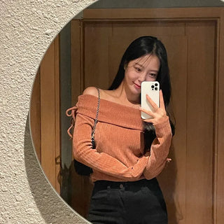 Fog Velvet Slim Fit Ribbed Off-Shoulder Knit for Holiday Looks