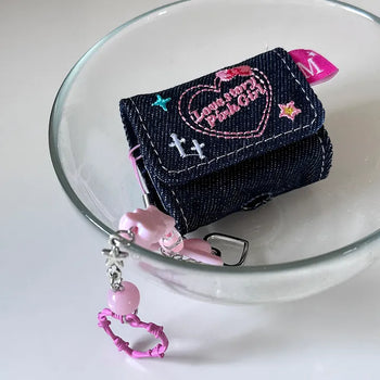 Pink Heart Embroidered Denim Y2K Keyring Set Wallet AirPods Case
