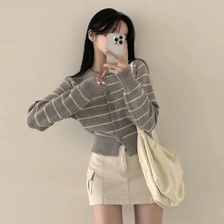 Slim Fit, Striped Collar Crop Long Sleeve Wool Knit Cardigan