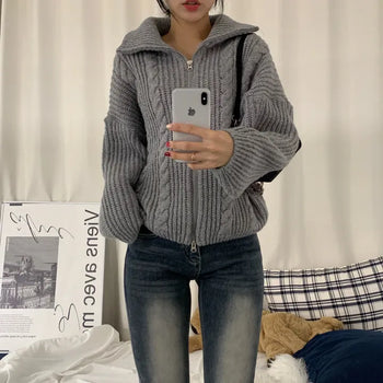 [Extra Warm/Oversized] Daily High-Neck Turtleneck Cable Knit Two-Way Zip-Up (5 colors)