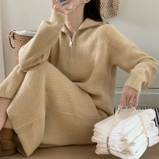Effortlessly Chic Loose Fit Thick Ribbed Half-Zip Knit Long Dress  Autumn/Winter Dress Collared Zip-Up Dress