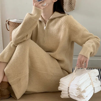 Effortlessly Chic Loose Fit Thick Ribbed Half-Zip Knit Long Dress  Autumn/Winter Dress Collared Zip-Up Dress