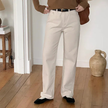Winter Cotton Fleece-Lined Wide-Leg Straight Cotton Pants  Winter Pants for Petite Women Cream Jeans