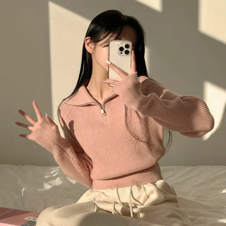Cute Oversized Fit, Half-Zip Collar Warmer Crop Wool Long Sleeve Knit