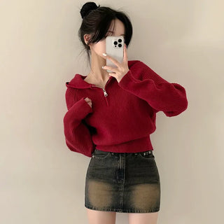 Cute Oversized Fit, Half-Zip Hooded Cropped Wool Long Sleeve Knit