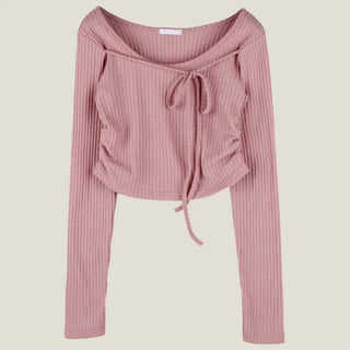 Her Shirring Ribbon Tee Shirring Long Sleeve Tee/Layering/Wedding Guest Look/Fleece-lined/Layering/Ribbon Long Sleeve/Strap Long Sleeve