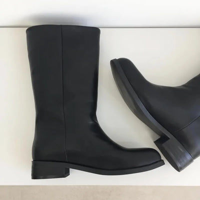 Four-season wide-leg boots, 3cm mid-heel, calf-covering round half boots