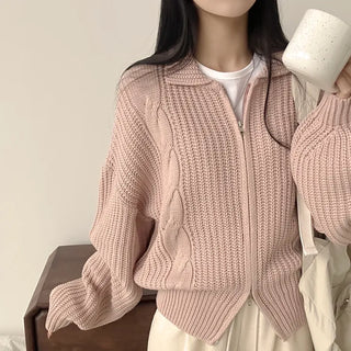 Guaranteed Beauty, Cable Knit Hacci Collar Two-Way Zip-Up Cardigan