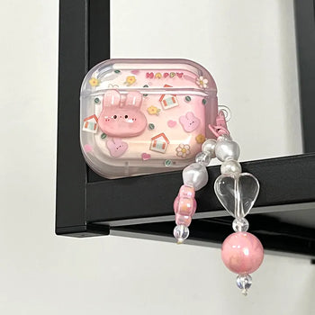 Love Me Heart Keyring Set Mini Pink Rabbit 3D AirPods Case