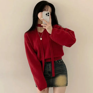 Wool Choker V-Neck Plain Cropped Long Sleeve Knit for Special Occasions