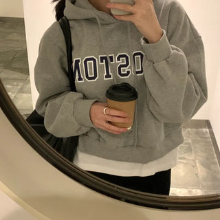 Boston Print Fleece-Lined Crop Hoodie